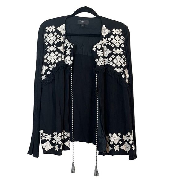 Mossimo Jacket Women L Black Gauze Open Front Tie Tassel White Floral Embroidery - Picture 1 of 12